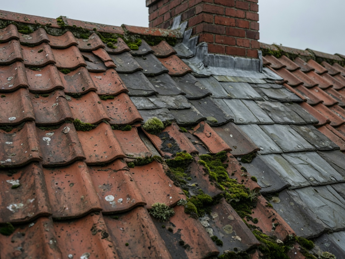 Close-up of weathered clay and slate roof tiles around a chimney